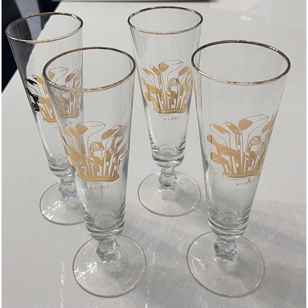 Vintage Clear Glass Champagne Glasses with Gold‎ Golf Clubs by F-O-R-T Set Of 4